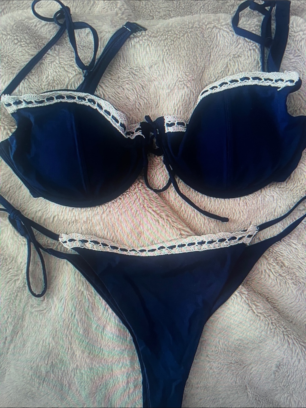 Navy Blue Lace-Trim Two-Piece Bikini Set - Women Swim
